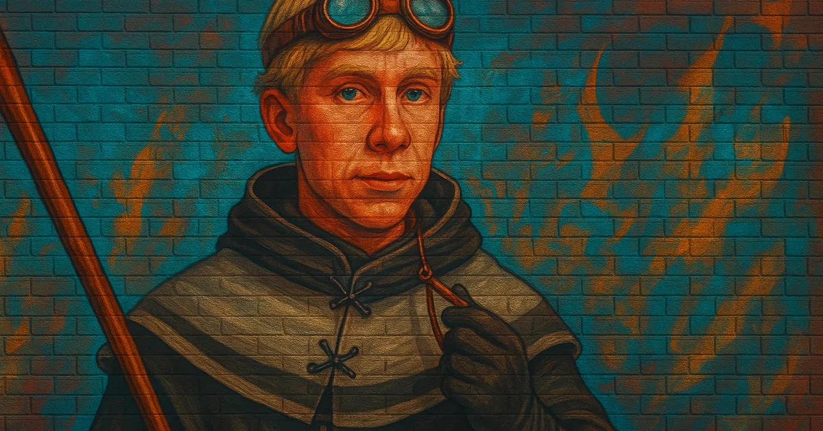 mural of Cyprian Youdle, a fair-haired wizard wearing leather flight goggles on his forehead and holding a broomstick with a serious expression against a blue brick background