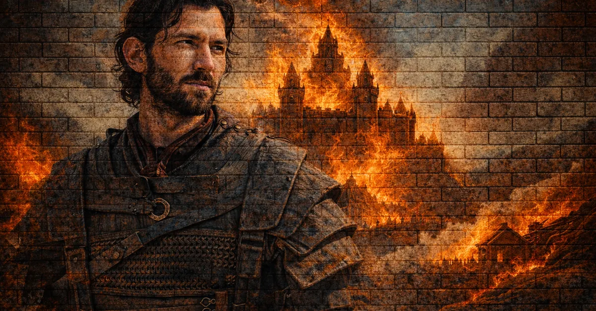 Daario Naharis stands at the ready, armour on, gazing towards his queen as behind him the buildings and castle he overun burns with fire