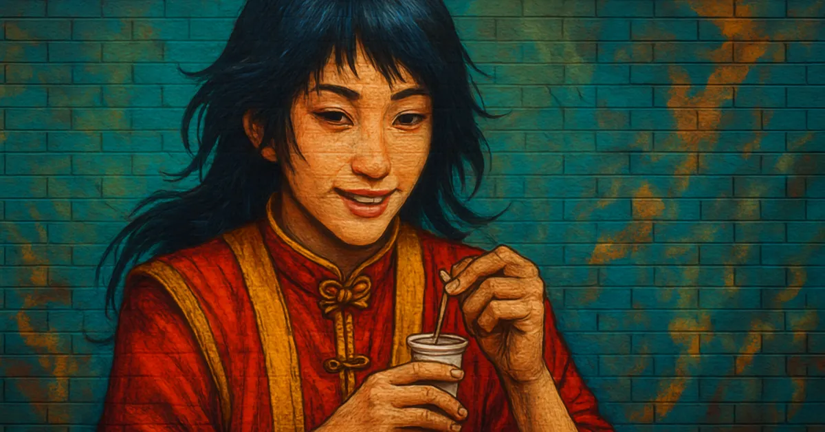 graffiti mural of Daisy Pennifold, a young witch with dark hair wearing red robes and holding a small cup with a smile on a textured brick wall