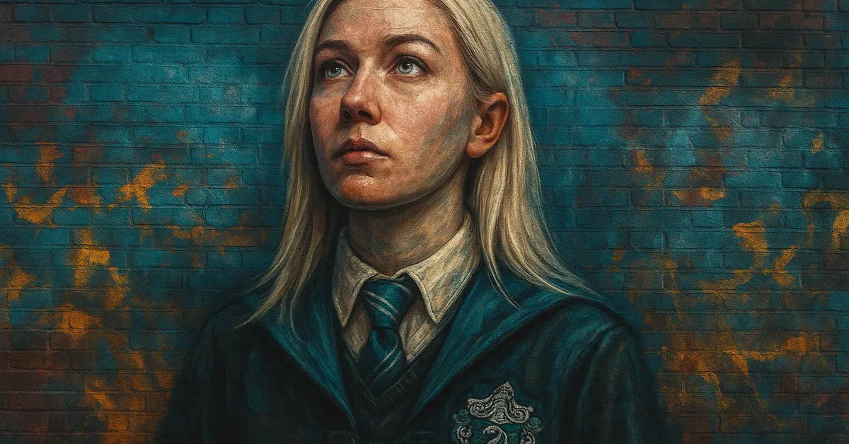 hyper-realistic painting of Daphne Greengrass, a blonde witch with a hopeful expression wearing a Slytherin tie and crest on a brick surface
