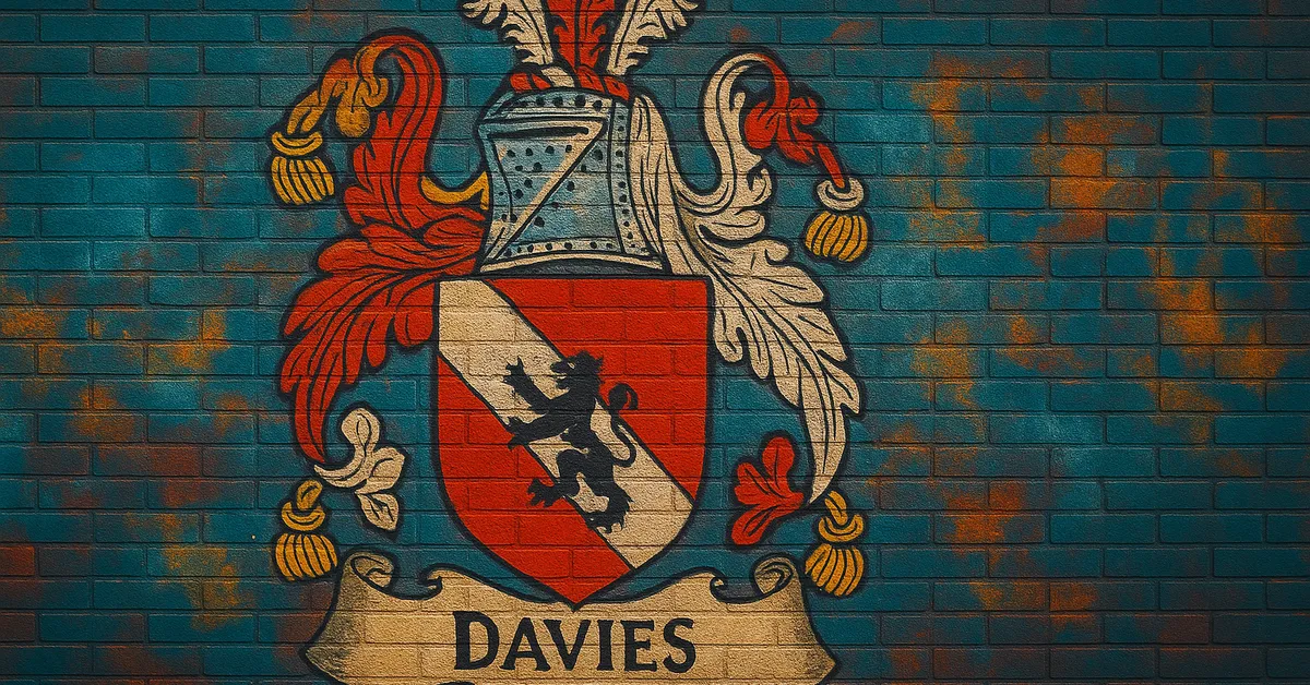 graffiti mural of the Davies Family crest, featuring a black lion on a red and white diagonal striped shield topped with a helmet