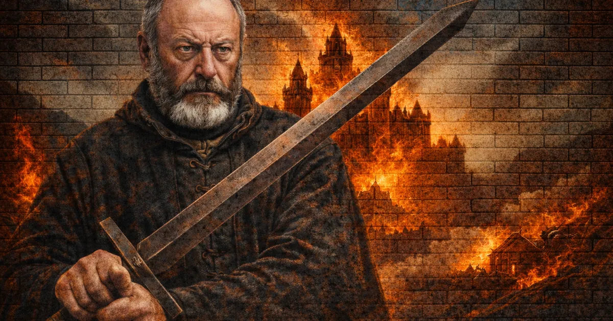 Davos Seaworth weilds a large sword as he prepares to fight thos people who have burned is home that is behind him to the ground