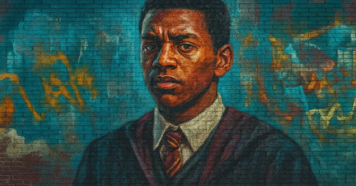 hyper-realistic street art of Dean Thomas, a young wizard with a serious gaze wearing a Gryffindor tie and robes painted on a brick wall