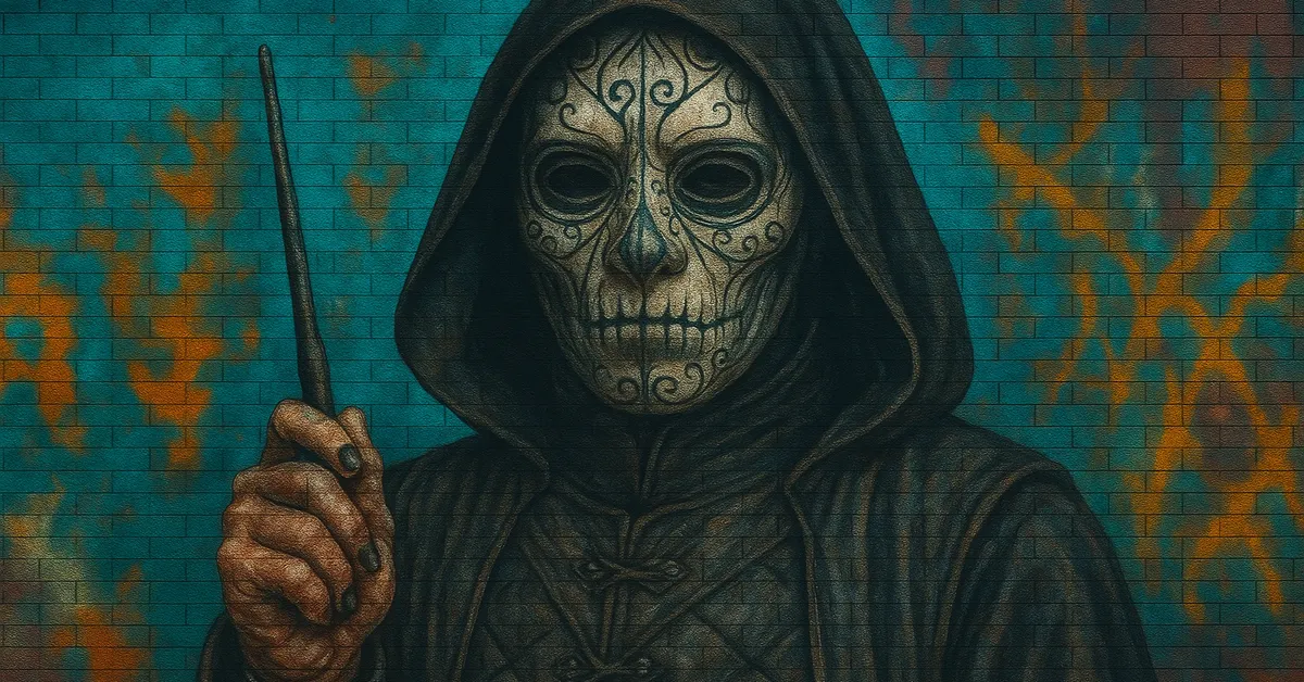 A mural of a hooded Death Eater wearing an ornate skeletal mask and holding a wand.