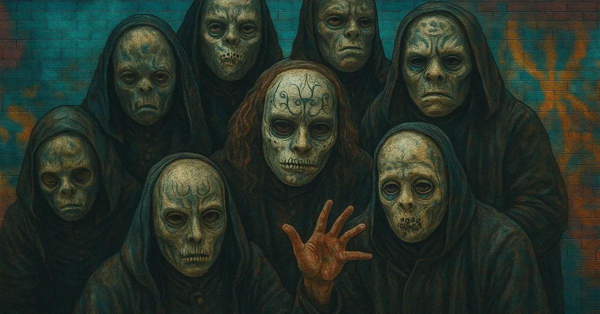 A mural showing seven Death Eaters wearing dark hooded robes and skeletal masks with one masked figure reaching forward with an open hand