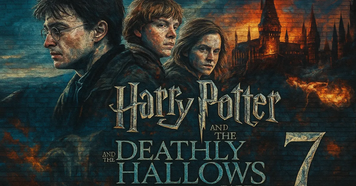 A mural of Harry Potter on a rocky cliff looking determined while the Deathly Hallows symbol glows in the distance