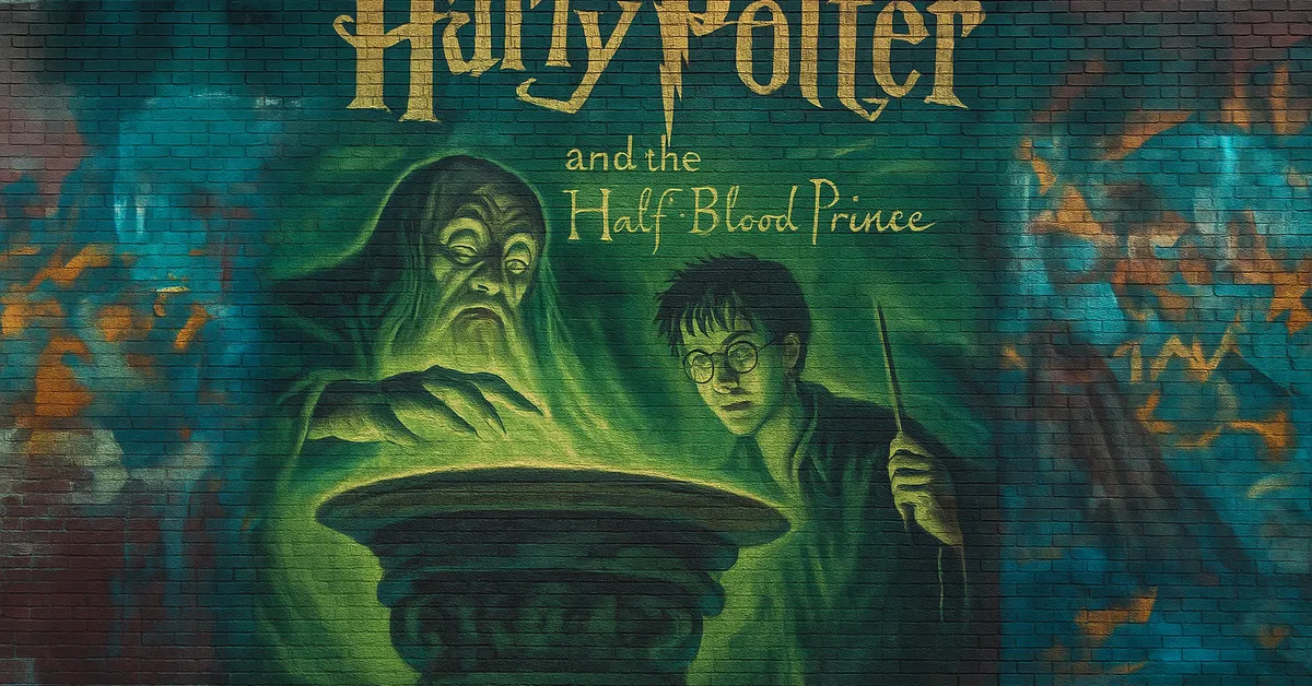 A mural of Harry Ron and Hermione from Part 1 of the Deathly Hallows with Dobby peeking from behind Harry