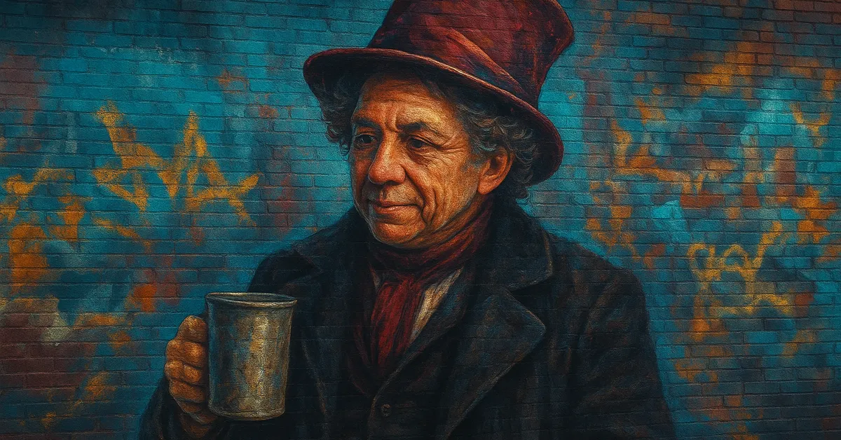 mural of Dedalus Diggle, an eccentric wizard wearing a tall top hat and holding a mug with a cheerful expression on a textured wall