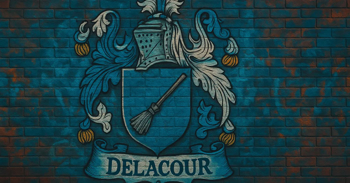 graffiti of the Delacour Family crest, displaying a single broomstick on a blue shield topped with an ornate helmet and feathers