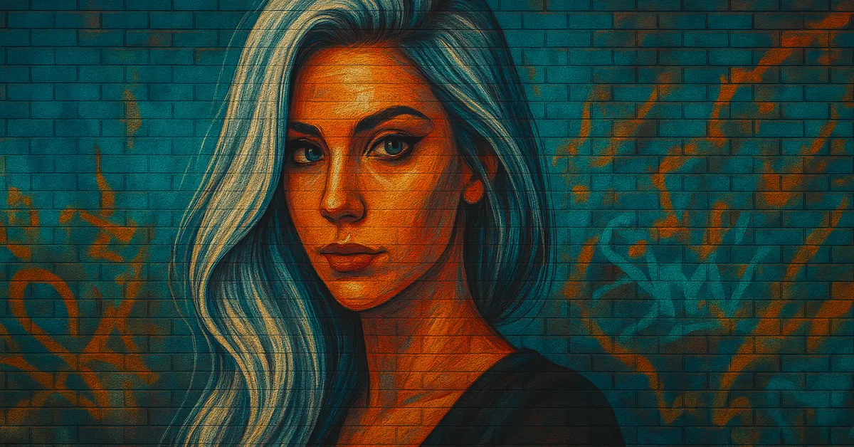 street art portrait of Delphini Diggory, a young woman with striking silver-blue hair and an intense stare depicted on a dark brick background