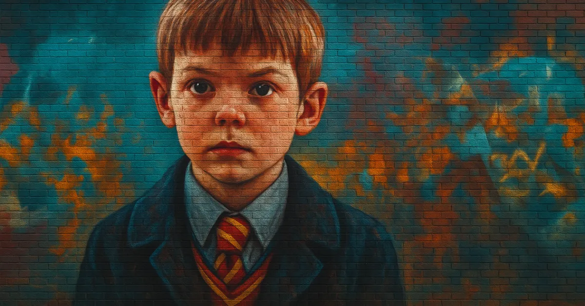 graffiti mural of Dennis Creevey, a small excited boy with messy hair wearing a Gryffindor tie and school robes painted on a brick wall