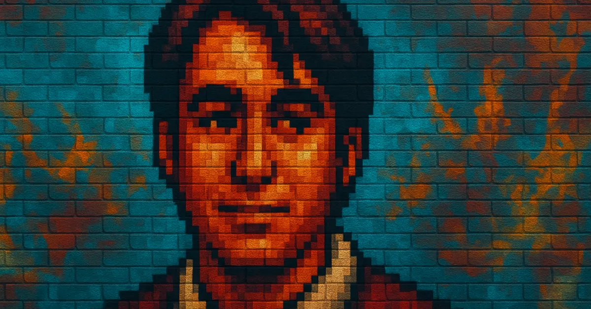 pixel-art style graffiti of Derek, a young boy with a neutral expression and dark hair depicted in blocky squares on a textured wall