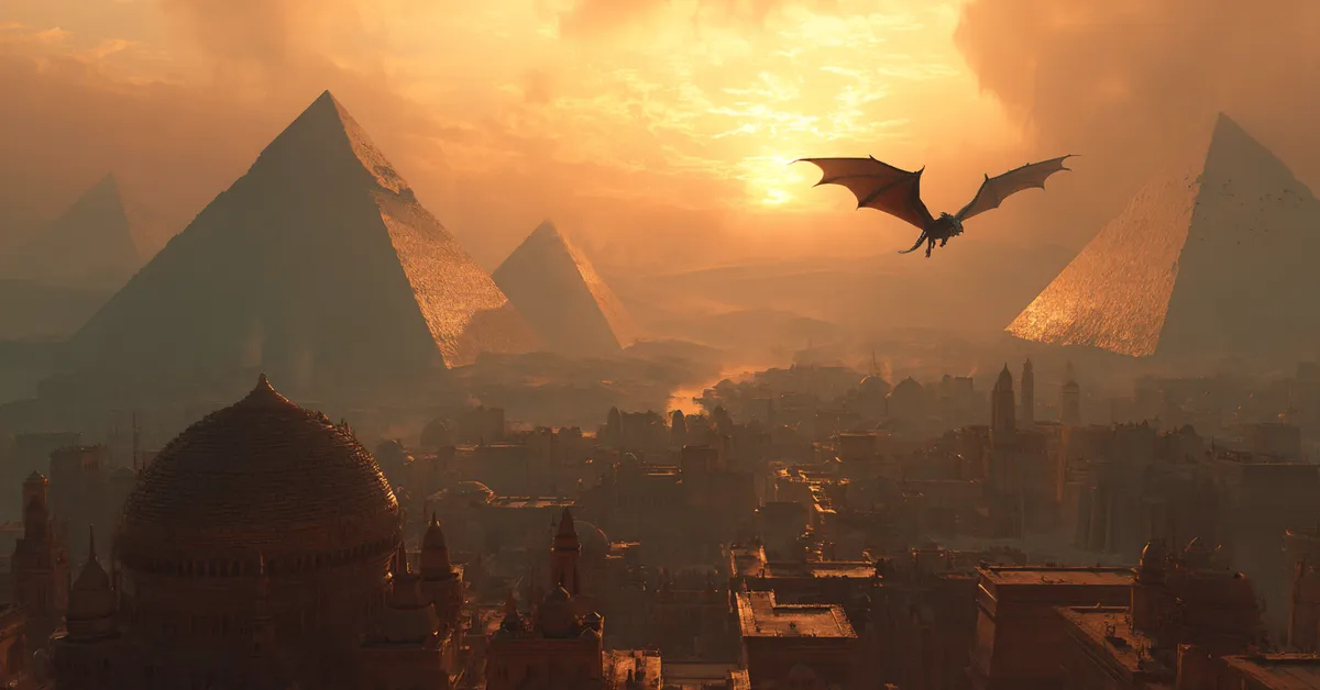 A massive winged beast flies over ancient pyramids in a golden desert city at sunset mirroring the dragon flights over Meereen