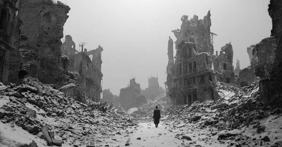 A lone silhouette walks through a destroyed city reduced to rubble with ash falling from the sky like snow illustrating the tragic finality of the war for the throne