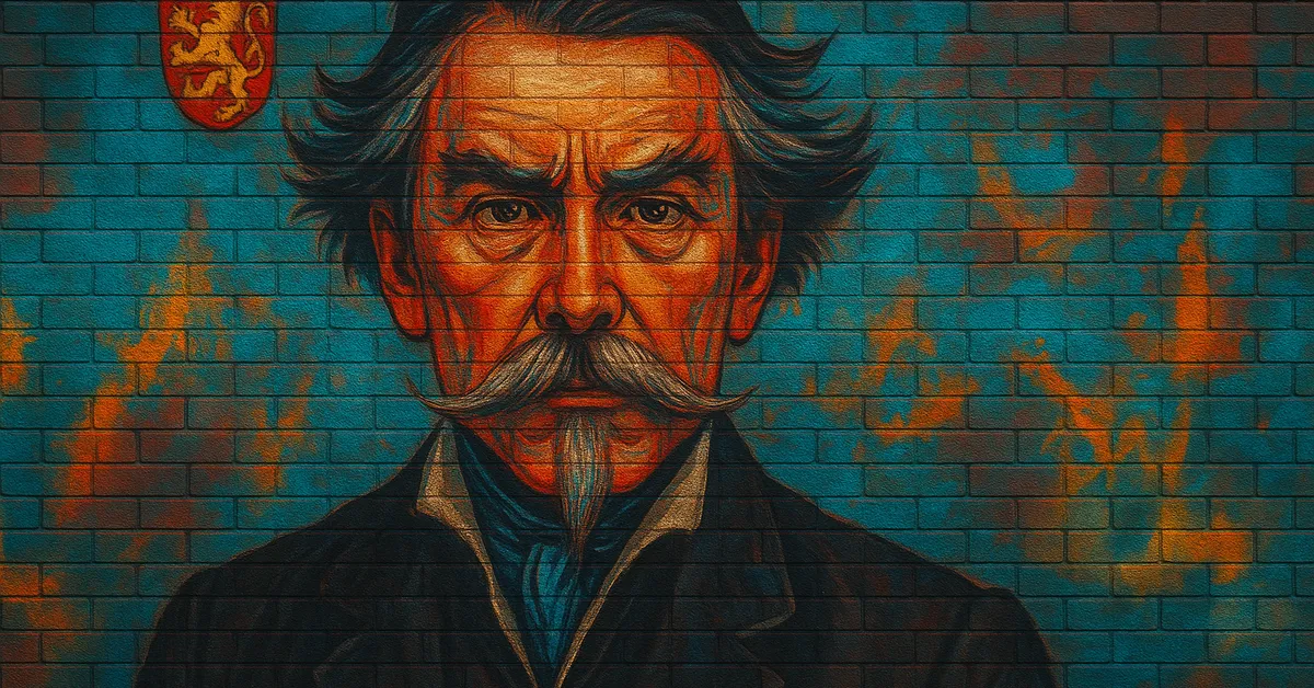 hyper-realistic painting of Dexter Fortescue, a distinguished wizard with a white handlebar mustache and goatee wearing a dark suit with a red lion crest in the background