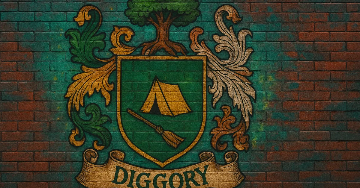 graffiti mural of the Diggory Family crest, featuring a tent and a broomstick on a green shield topped with a leafy tree on a brick surface