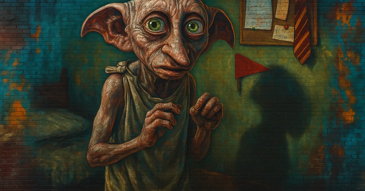 A mural of Dobby the house elf with wide green eyes standing in a small room with a bulletin board and a Gryffindor tie in the background his shadow cast on the wall evoking his role in the Harry Potter world