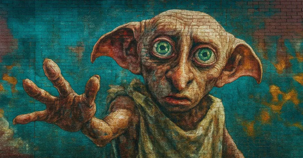 hyper-realistic street art of Dobby The House-Elf, depicting a creature with large green eyes and bat-like ears reaching out a hand with a hopeful expression