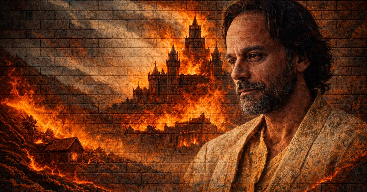 Doran Martell sits with a smile of vicotry with all the houses and castles behind him burning