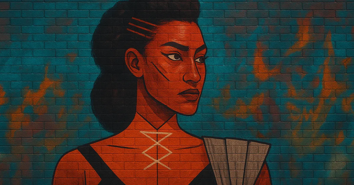 graffiti portrait of Dorcas Meadowes, a woman with a fierce gaze and dark hair wearing a dress with a geometric white symbol on her chest