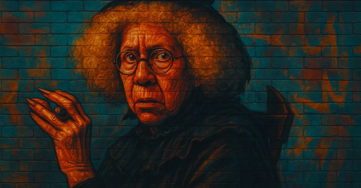 mural of Doris Crockford, an elderly witch with wild curly hair and round glasses looking starstruck and holding up a hand