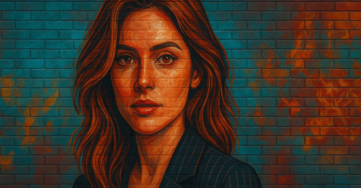 street art portrait of Doris Purkiss, a woman with long wavy reddish hair and a serious expression wearing a striped blazer on a brick background