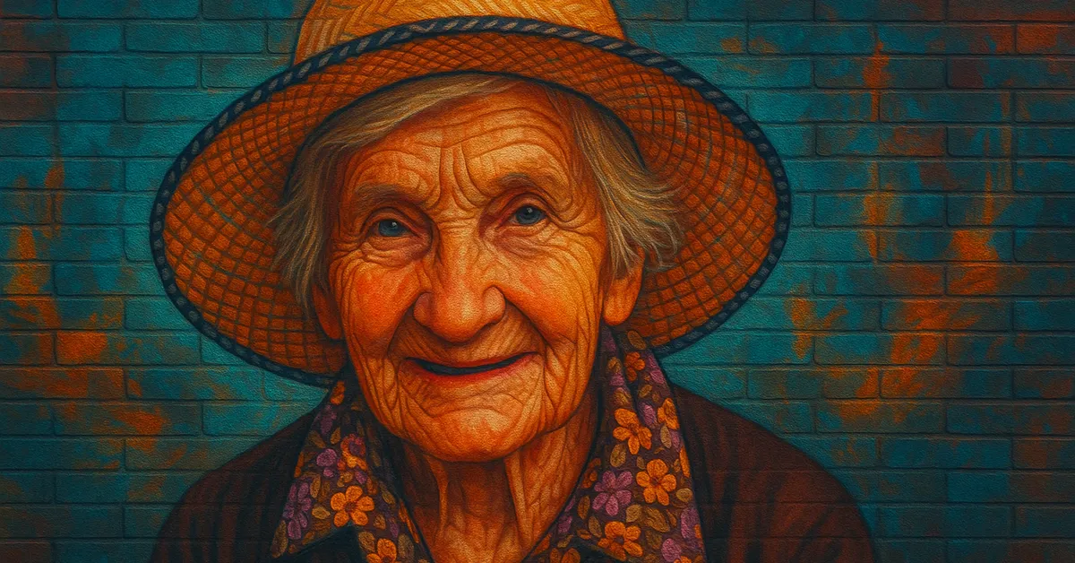 hyper-realistic street art portrait of Dot, an elderly woman with a warm wrinkled face wearing a straw hat and floral blouse smiling kindly on a textured brick wall