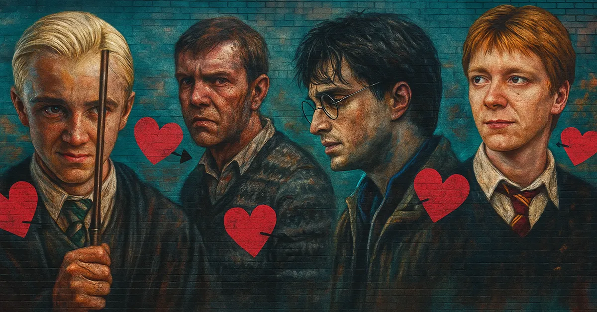 A mural showing Draco Malfoy holding his wand with Ron Harry and another wizard beside him and red hearts scattered around them