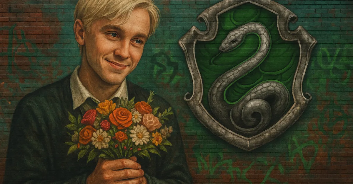 A mural of Draco Malfoy holding a bouquet of bright flowers while smiling softly beside a large Slytherin serpent crest painted on a green brick wall capturing his familiar Hogwarts look