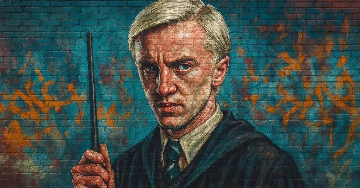hyper-realistic street art of Draco Malfoy, a pale young wizard with platinum blonde hair holding a wand with a tense expression wearing dark school robes