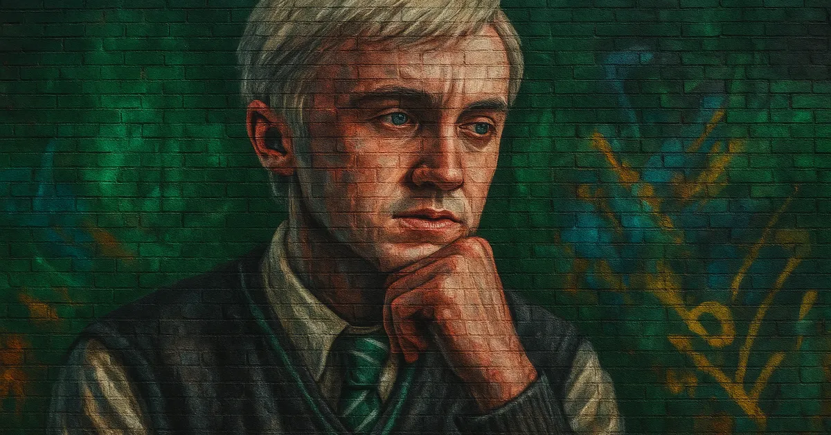 A mural of Draco Malfoy resting his chin on his hand with a serious thoughtful expression against a green brick wall