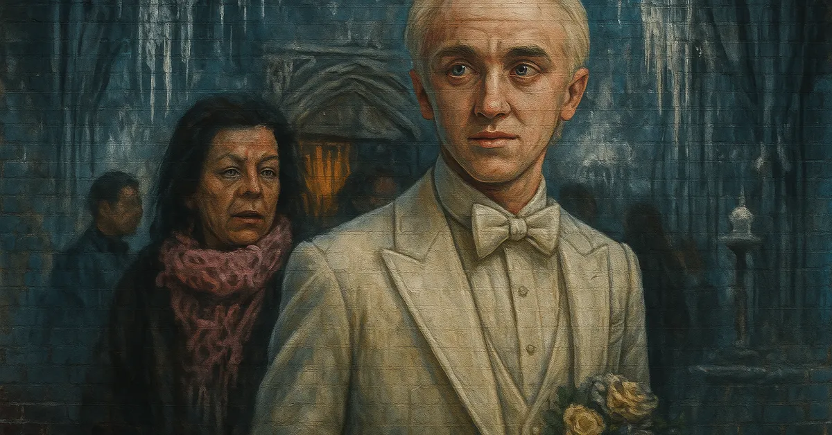 A mural of Draco Malfoy in a white suit holding flowers with Narcissa Malfoy behind him against icy blue surroundings