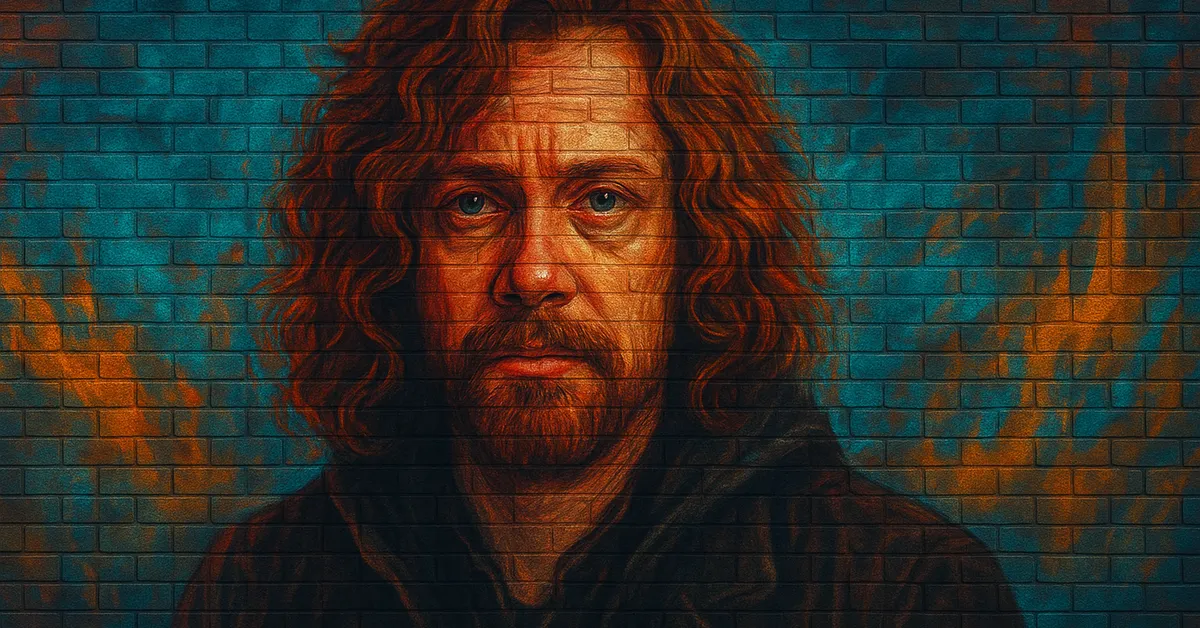 graffiti portrait of Dragomir Despard, a rugged man with long wavy hair and a beard representing Ron Weasley's disguised persona for the Gringotts break-in