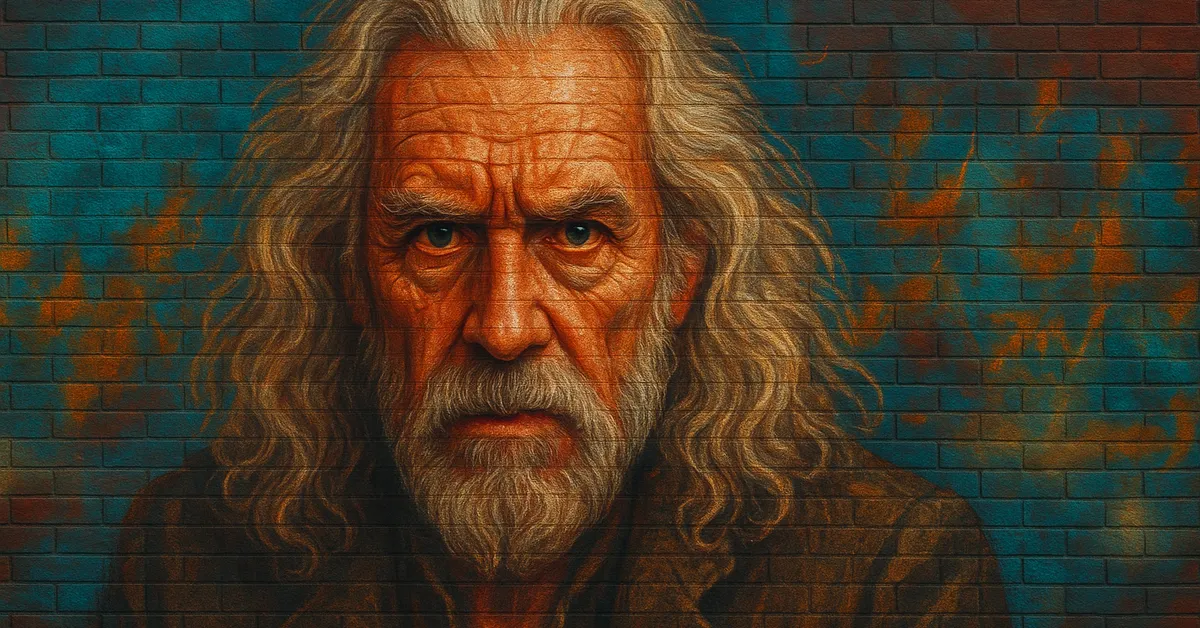 mural of Dragomir Gorgovitch, an older wizard with wild grey hair and a beard staring intensely, representing the record-holding Chudley Cannons Chaser