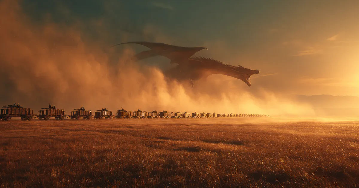 A massive dragon silhouette breathes a column of fire onto an army supply train stretching across golden grasslands symbolizing the destructive power of House Targaryen