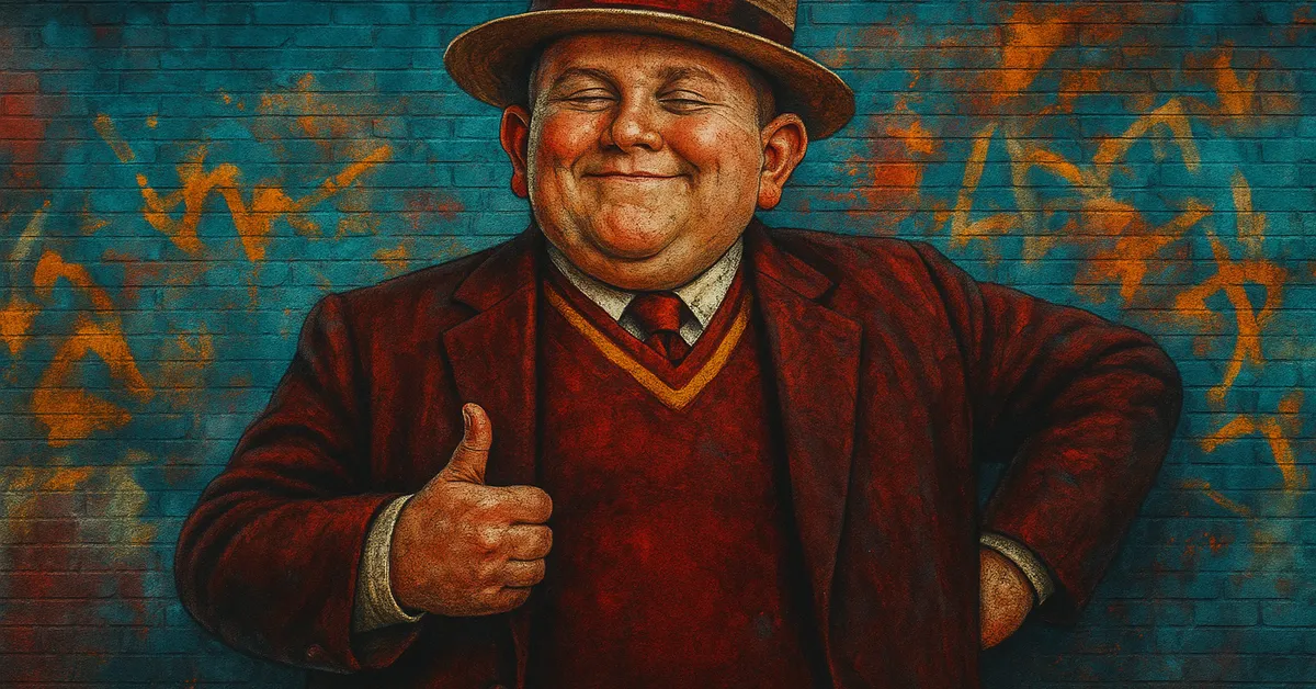 street art portrait of Dudley Dursley, a portly young man wearing a straw boater hat and maroon school blazer smiling smugly with a thumbs up