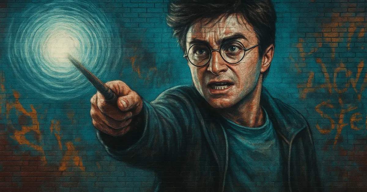 A mural of Harry Ron and Hermione aiming their wands forward with bright spell lights around them and spell names painted on the wall behind them