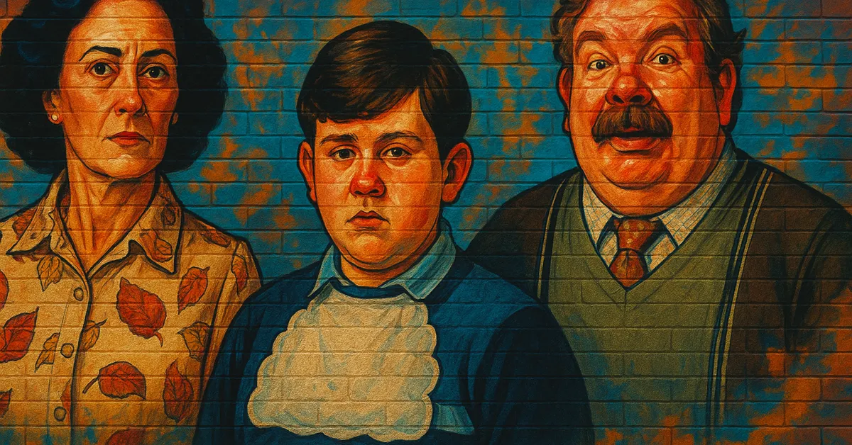 graffiti mural of the Dursley Family, featuring a thin woman with a severe expression, a chubby boy, and a large mustachioed man painted on a brick wall