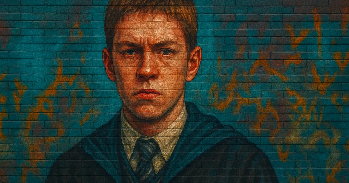 graffiti portrait of Eddie Carmichael, a teenage wizard with short brown hair and a calculating expression wearing a Ravenclaw tie on a brick wall