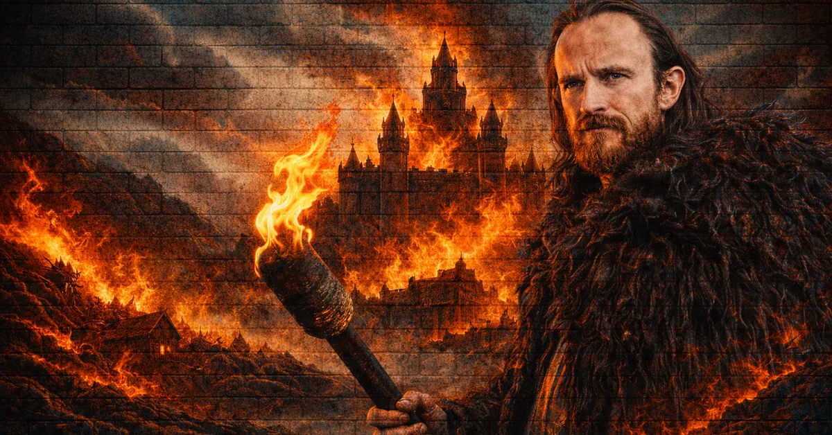 Eddison Tollett stands with a flamed torch, snow covered clothes, beared unpept as the castle bhind him lights up in flames