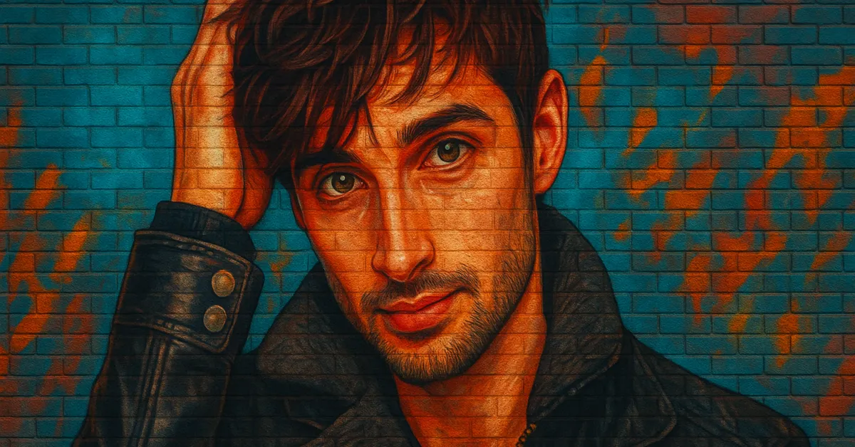 hyper-realistic street art of Edgar Bones, a handsome wizard with dark messy hair and a leather jacket running a hand through his hair with a relaxed smile