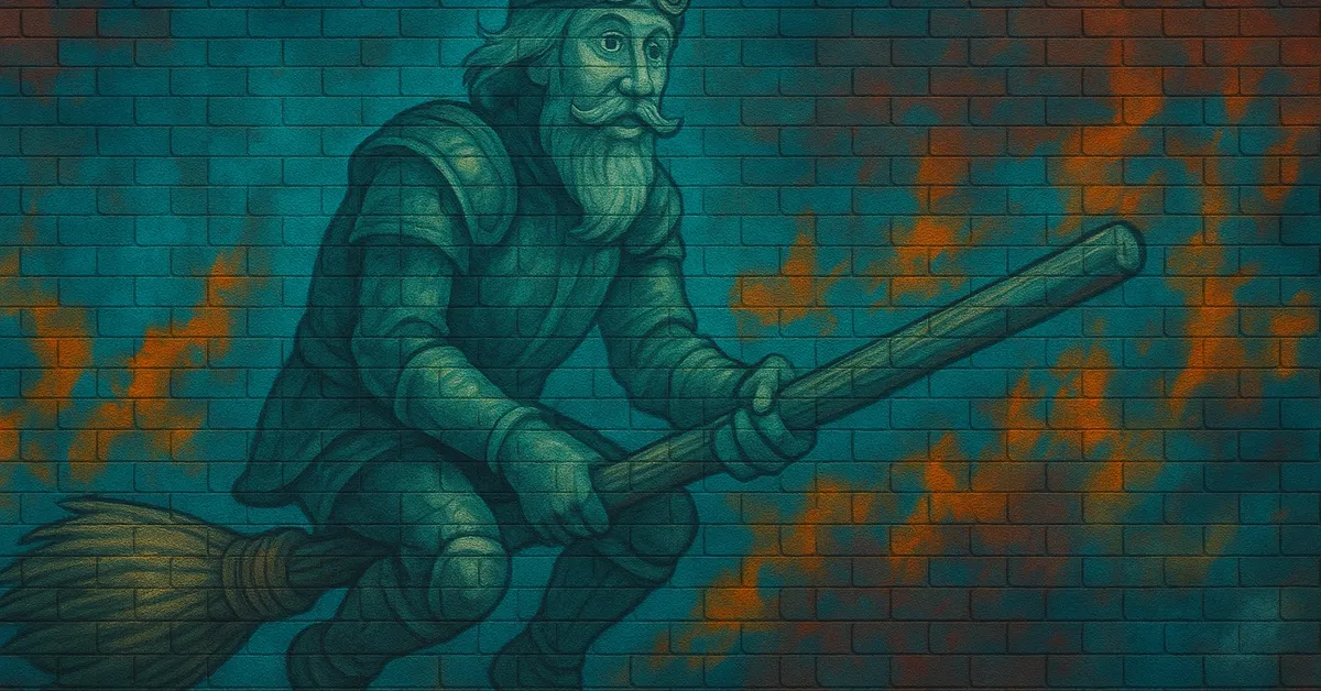 mural of Edgar Cloggs, depicted as a spectral figure with a beard and flight goggles riding a broomstick against a teal brick background