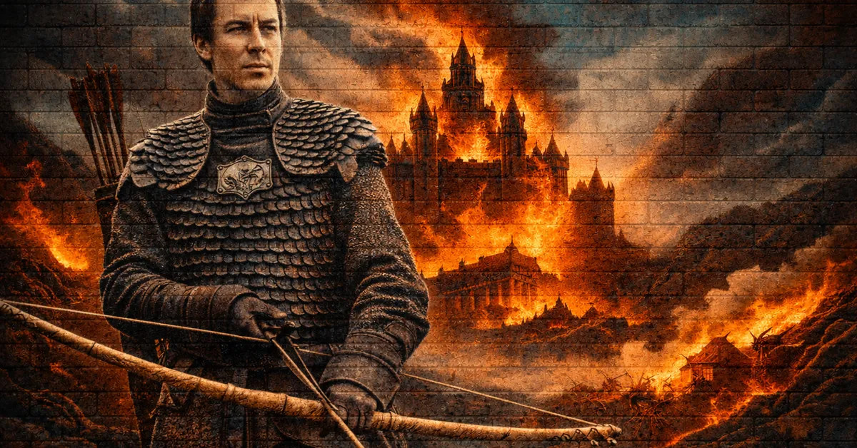 Edmure Tully stands with bow and arrow ready, eyes locked as the lands is engulfed by flames behind him