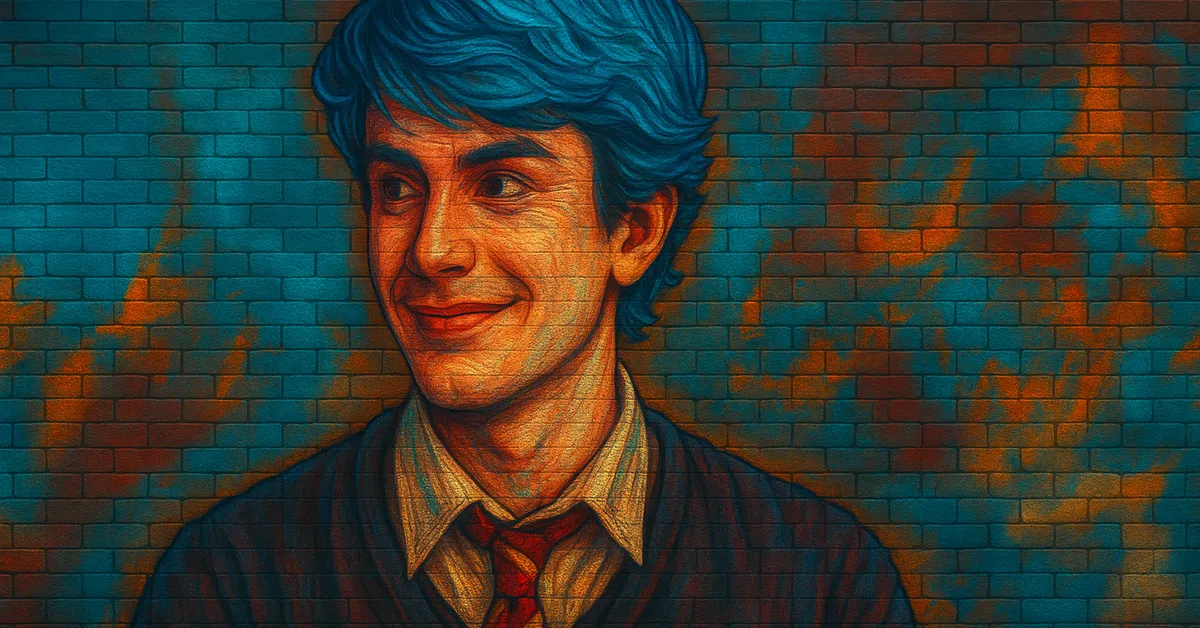 graffiti portrait of Edward Lupin, a young man with bright turquoise hair and a warm smile wearing a school tie representing his Metamorphmagus ability