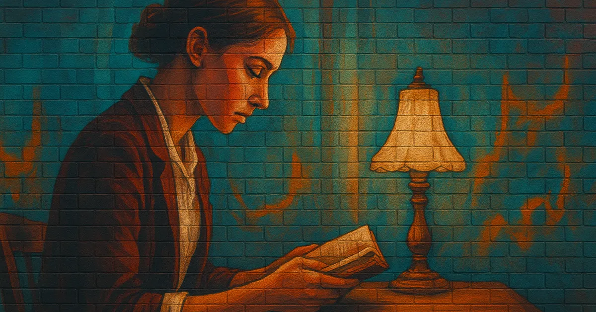 painting of Eileen Prince, a woman with severe features and dark hair pulled back reading a book intently by the light of a small lamp