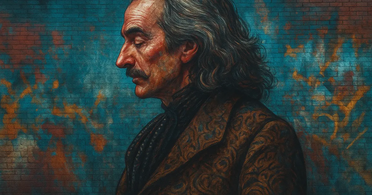 street art portrait of Eldred Worple, a distinguished man with long grey hair and a mustache in profile wearing a patterned velvet coat