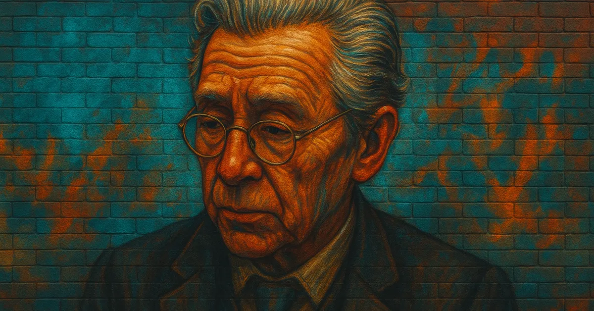 hyper-realistic mural of Eldritch Diggory, a serious elderly wizard with combed grey hair and round wire-rimmed spectacles wearing a dark suit