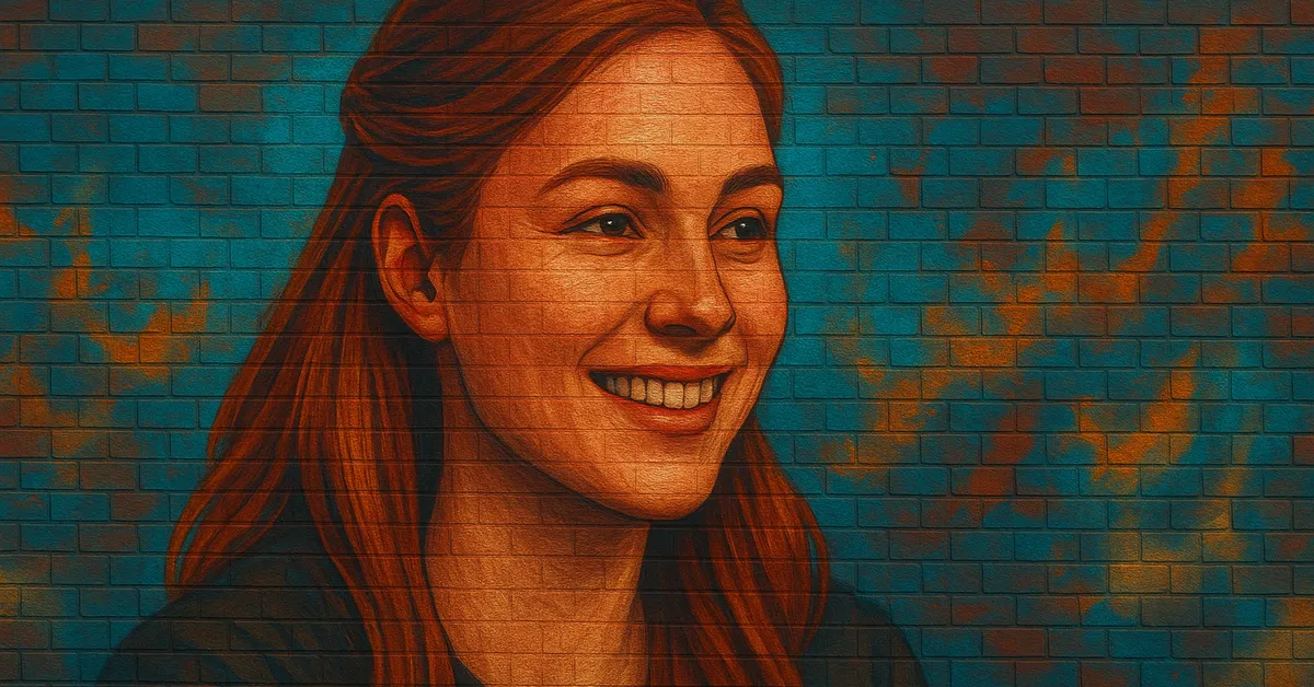 graffiti painting of Eleanor Branstone, a smiling young witch with long auburn hair and a friendly expression wearing dark robes on a textured wall