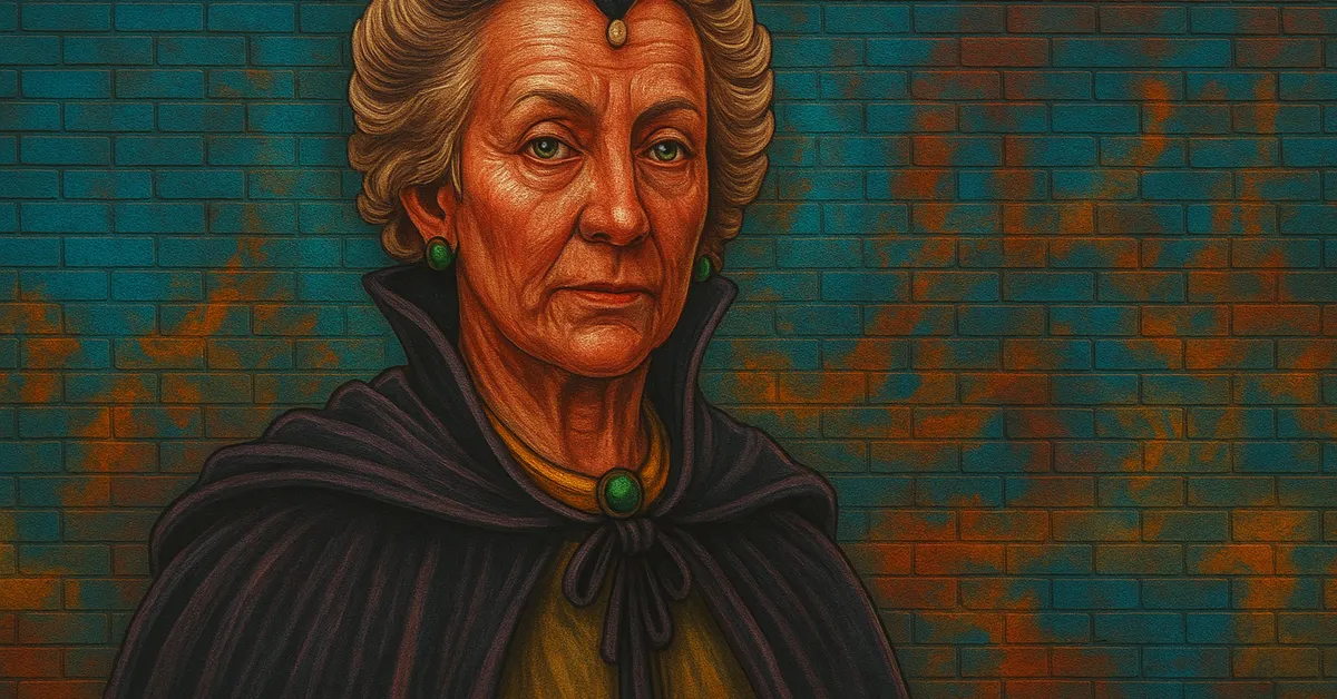 mural of Elfrida Clagg, a stern elderly woman with an elaborate curled hairstyle and high collar looking regal as the Chieftainess of the Warlock's Council