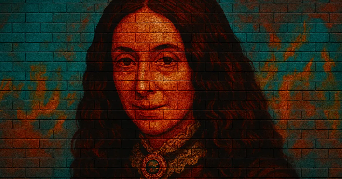 painting of Elladora Black, a woman with dark wavy hair and a severe expression wearing a high-collared dress and a large brooch